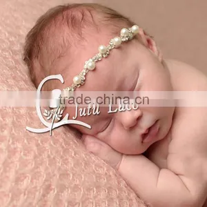 Newborn Baby Rhinestone Pearls Elastic Headband Hair Accessories / Glitter Crystal Diamond Ribbon Silk Jewelry on Sale thumbnail-1
