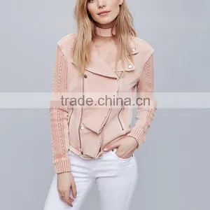 New Arrivals Autumn Winter Cropped Crochet Moto Ruffled Fashion Pink Jacket Girls thumbnail-4