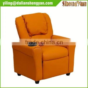 Contemporary Orange Vinyl Kids Recliner With Cup Holder and Headrest thumbnail-2