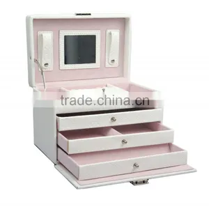 Classical White Faux Leather Mirrored Jewelry Box With Lock And 3 Drawers thumbnail-1