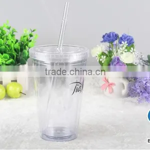 Clear Double Wall 16oz Plastic Water Tumbler With Straw thumbnail-2