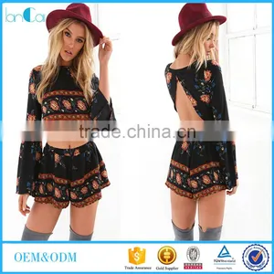 Sexy Scoop Blouses and Short Pants 2016 Women Fashion Flower Printing Two Piece Sets thumbnail-1