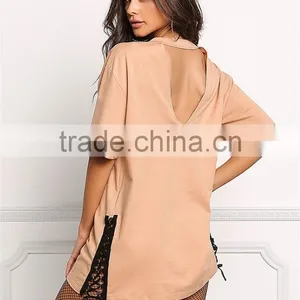MGOO Fashion Custom Made 95% Cotton 5% Spandex 220g Nude V Cut Out Side Lace Up Shirts Tunic Tops thumbnail-2