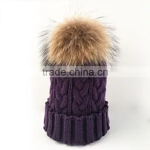 Myfur Natural Raccoon Fur Bobble Winter Animal Fur Pom Pom Knit Beanie Hat thumbnail-1