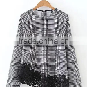 Runwaylover EY2378B Ladies 2017 Fashion Lace Splice Plaid Blouse thumbnail-5