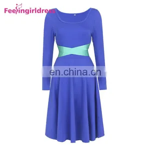 Free Shipping Soft Women Blue Long Sleeve Midi Casual Office Dress Elegant thumbnail-1