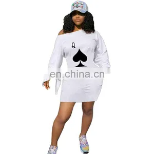 Long Sleeve Dresses Women Fashion 2021 Poker Print One Shoulder Solid Mini Woman Dress Casual Streetwear Plus Size Vestidos thumbnail-4
