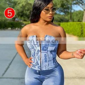 Dollar Print Women Corset Top Tanks Crops Lace Up Bandage Cross Buster V Neck Bodycon Sexy Party Streetwear Club Elegant thumbnail-6