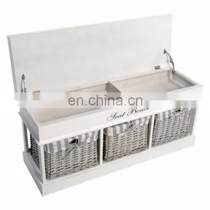 Three BASKET White Wooden Seat BENCH Useful Compartment Storage Organiser Fabric thumbnail-1