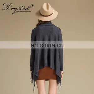 Latest Design Ladies Poncho With Tassel Solid Color Long Sleeves Cashmere Knitted Sweater for Autumn Short Length With Logo Back thumbnail-6