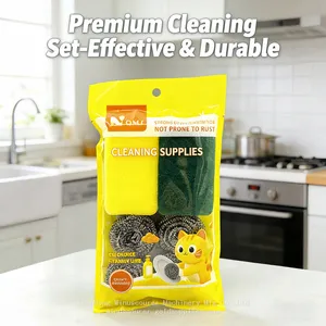 Customize Stainless Steel Scourer Set Kitchen Clean Dish Washing Scourer Sponge Set thumbnail-1
