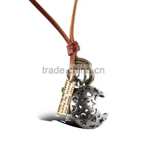 Antique Jewelry Catholic Religious Items Bronze Moon Necklace With Geneuine Leather Chain thumbnail-1