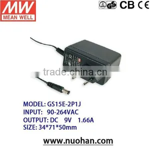 Meanwell 9v 1.66a Adaptor/12~15W AC-DC Single Output Wall-mounted Type thumbnail-1
