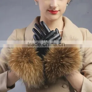 Women Girls Winter Plush Raccoon Fur Leather Mitten Gloves Warm Driving Gift thumbnail-1