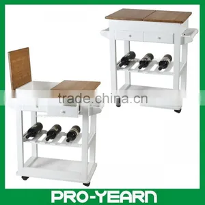 Modern Wooden Bamboo Kitchen Serving Trolley With Table Boards Drawers Wine Bottle Holder Rack Shelf and Pushing Handles Casters thumbnail-1