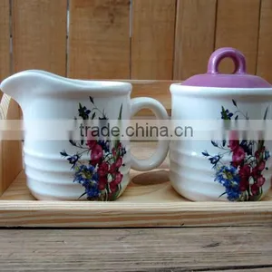 Ceramic Creamer and Sugar Bowl Set With Wooden Base thumbnail-1