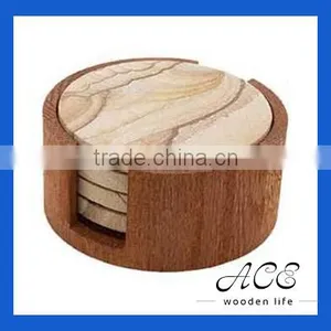 High Quality Wooden Round Coaster Set With Holder Wooden Travit Set thumbnail-1
