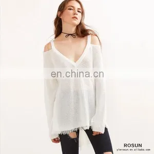Newest Design White Cold Shoulder V Neck High Low Sweater thumbnail-1