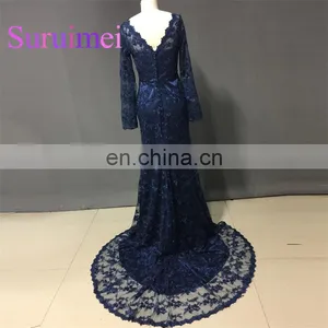 Navy Blue Prom Dresses Vestiods de Noiva Long Sleeves With Lace Evening Gowns thumbnail-2