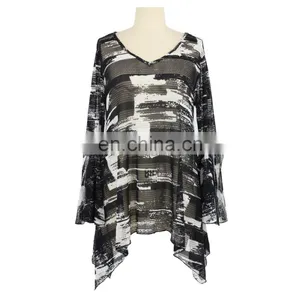 Latest Diamond Blue Flared Sleeve V Neck Floral Print Peplum Hem Blouse thumbnail-3