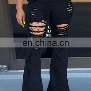 Women Denim High Waist Flare Pants Boyfriend Ripped Jeans Lady Skinny Bell Bottom Jeans Pant Wide Leg Mom Jeans Plus Size thumbnail-5