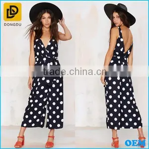 White Polka Dot Print Plunging V At Front And Back Crop Wide-leg Jumpsuit thumbnail-1