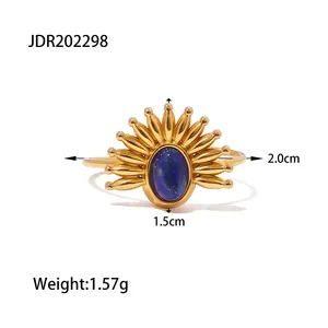 Gold Plated Stainless Steel Natural Stone Ring for Women Blue Irregular Gemstone Statement Ring Waterproof Hypoallergenic Jewelry thumbnail-3