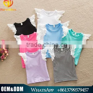 Ins New Style Kids Boutique Clothing Colorful T-shirts Fly Sleve Lace Design Pure Cotton High Quality Newbron Baby Girls Shirts thumbnail-1