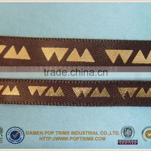 7mm Shiny Gold Foil Printing Brown Satin Ribbon thumbnail-2