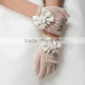 Ivory Pearl Bow Wrist Fish Net Wedding Party Bridal Flower Girl Gloves thumbnail-1