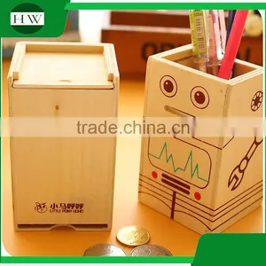 Multipurpose Wooden Cartoon Robot Piggy Bank Coin Penholder Storage Pen Container Case Box Holder thumbnail-2