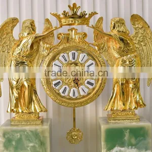 Royal Brass and Crystal Decorated Art Table Clock, Luxury Design 24K Gold Plated Table Clock, Empire Gold Gilt Table Clock thumbnail-4