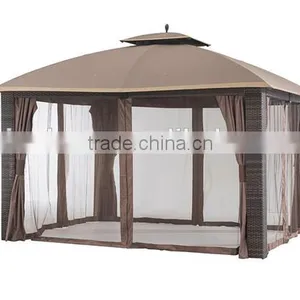 12' x 10' Wicker Gazebo, Large, Brown/Gold Trim thumbnail-1