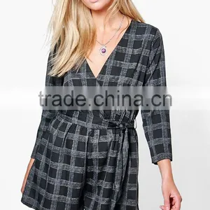 100% Polyester Checked Wrap Front Playsuit Wool Tartan Plaid Fabric Women Sexy Jumpsuits 2017 thumbnail-2