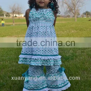 Boutique Outfit Teal and White Polka Dot/chevron Spring Ruffle Top and Pants Child Clothes thumbnail-1