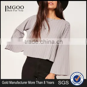 MGOO Custom Made 2017 Fashion Tops Sheer Neck Long Sleeves T-shirt Cotton Spandex Flare Sleeves Manufacturer thumbnail-1