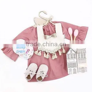 Fall And Spring Long Sleeves Girls Clothes Pink Linen Design Baby Girl Party Dresses thumbnail-1