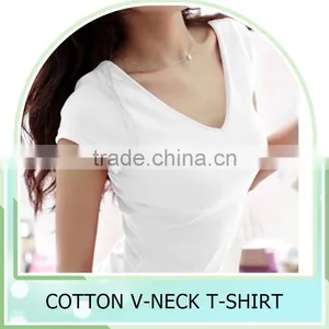 New Fashion Stretch Summer Women T Shirts Ms Solid Color Short Sleeve 100% Cotton v Neck t Shirt Women's Blank V-Veck T-Shirts thumbnail-1