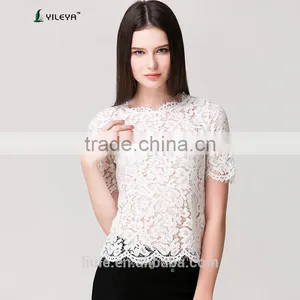 2016 Latest White Short Sleeve Fashion Crochet Lace Top for Ladies thumbnail-1