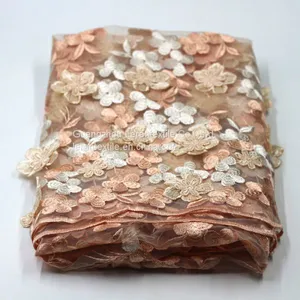 China Manufacture African Handcut Orange Tulle Embroidered Lace Fabric for Wedding Dress thumbnail-1