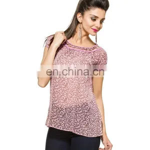2015 Latest Animal Print Kaftan For Ladies And Girls Pink Animal Printed Georgette Top thumbnail-5