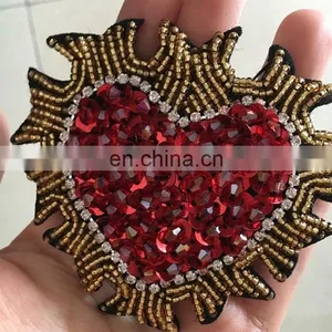 2017 New Handmade Beaded Patch Sew On Fire Heart Rhinestones Patches thumbnail-1