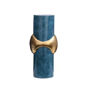 Light Luxury Blue Leather Concave Gild Ceramic Vase For Shopping Mall Hotel Decor thumbnail-5