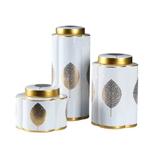European Simple Style Yellow Leaf Painting Ceramic Flower Vases With Lid For Home Decoration thumbnail-1