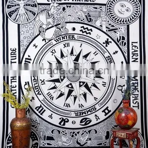 Indian Tapestry Cotton Bedding Bedsheet Cycle Of Ages Zodiac Print Wall Hanging Tapestries Throw Mandala Print thumbnail-1
