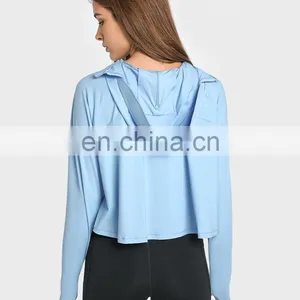 Custom Logo Rashguard Women Sports Clothes Ladies Beach Anti-UV Zip UP Hooded Blouse Thumb Hole Long Sleeve Sunscreen Top thumbnail-4