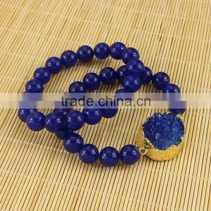 BRH1503 Lapis Beads Blue Druzy Elastic Bracelet, India Druzy Jewelry thumbnail-1