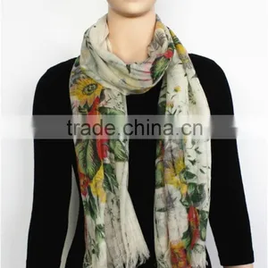 Green and Yellow Floral Printed Light Wool Scarf With Fringe thumbnail-1