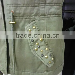 100% Cotton Twill Enzyme Wash Ladies' Casual Sleeveless Vest / Waistcoat With Cotton Lining and Shiny Rivets thumbnail-2