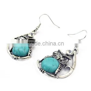 New Arrival Fashion Bohemia Owl Silver Plated Turquoise Pendant Alloy Earrings thumbnail-6